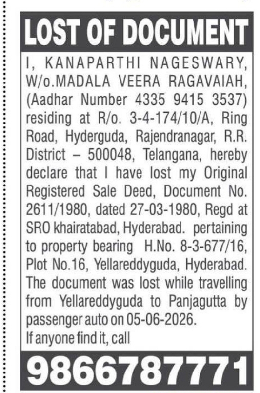 LOST ORIGINAL REGISTERED SALE DEED