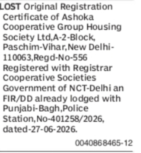 Lost Original Registration Certificate – Ashoka Cooperative Group Housing Society