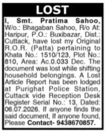 Lost Original R.O.R. (Patta) Notice – Cuttack