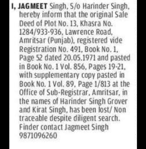 Lost Original Sale Deed – Amritsar Property