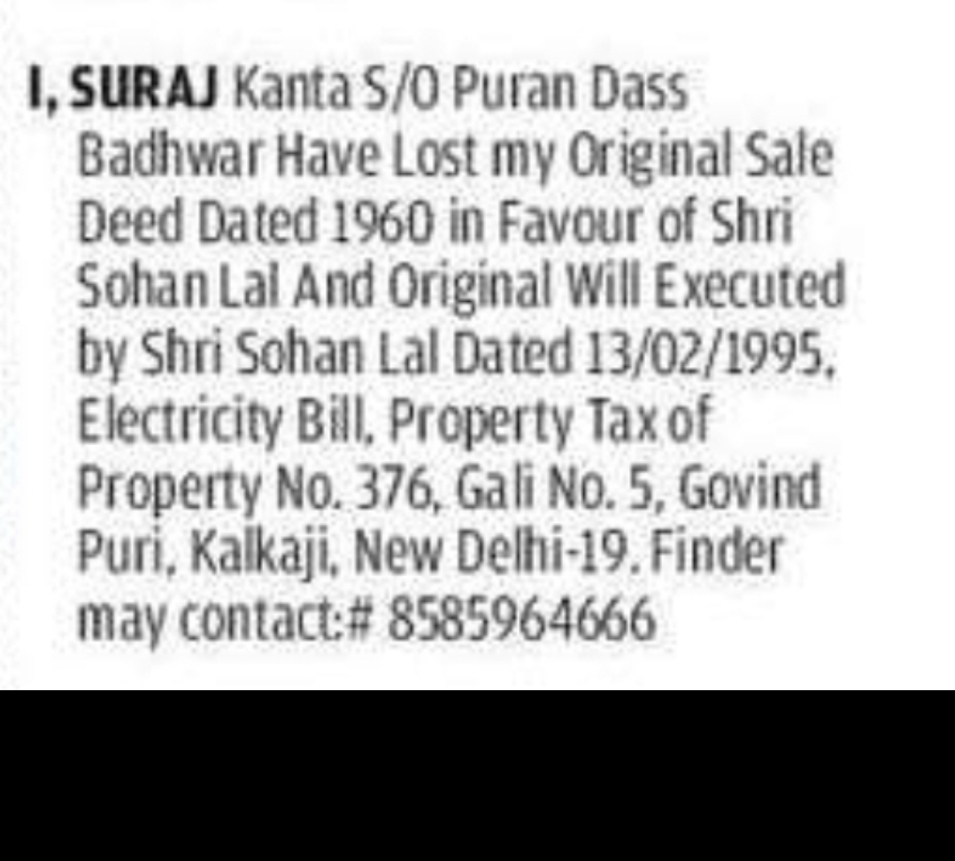 Lost Original Sale Deed and Property Documents – Govind Puri, New Delhi