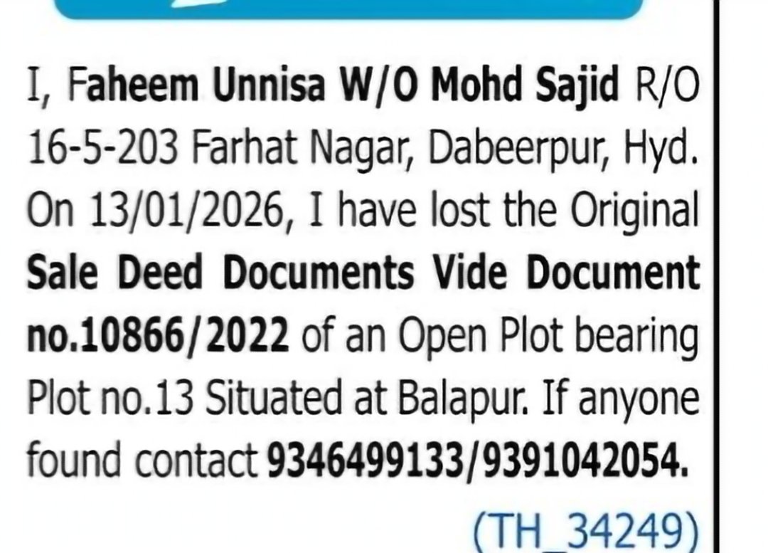 Lost Original Sale Deed Documents – Plot No. 13, Balapur