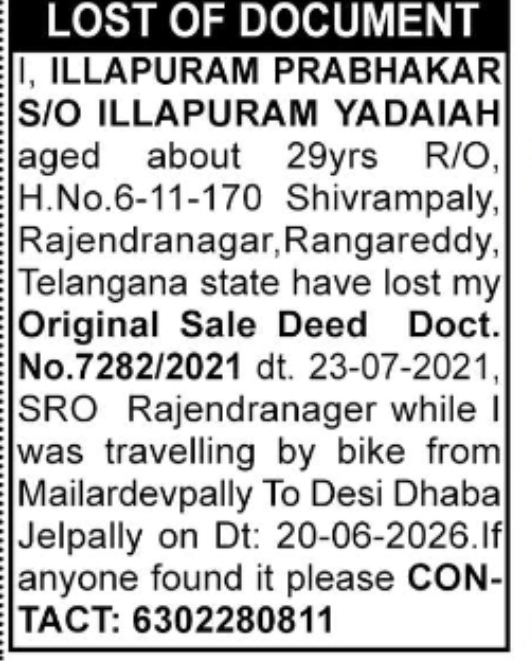 Lost Original Sale Deed Illapuram Prabhakar– Public Notice