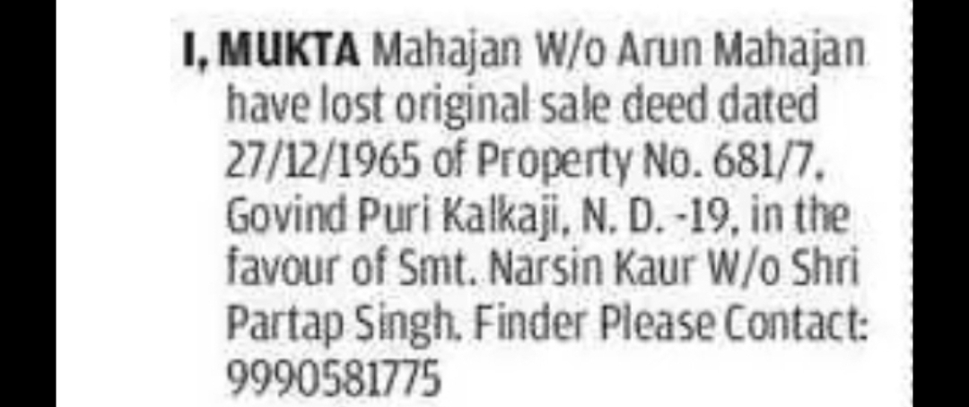 Lost Original Sale Deed Notice – Govind Puri Kalkaji