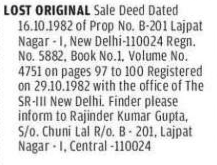 LOST ORIGINAL SALE DEED NOTICE