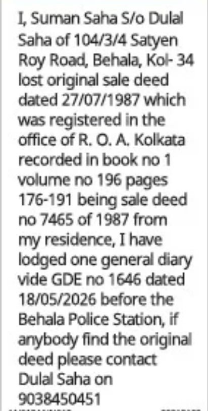 Lost Original Sale Deed – Public Notice