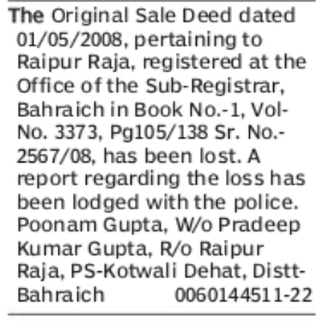 Lost Original Sale Deed – Raipur Raja, Bahraich