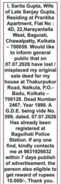 Lost Original Sale Deed – Sarita Gupta