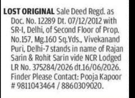 Lost Original Sale Deed – Vivekanand Puri, Delhi Property