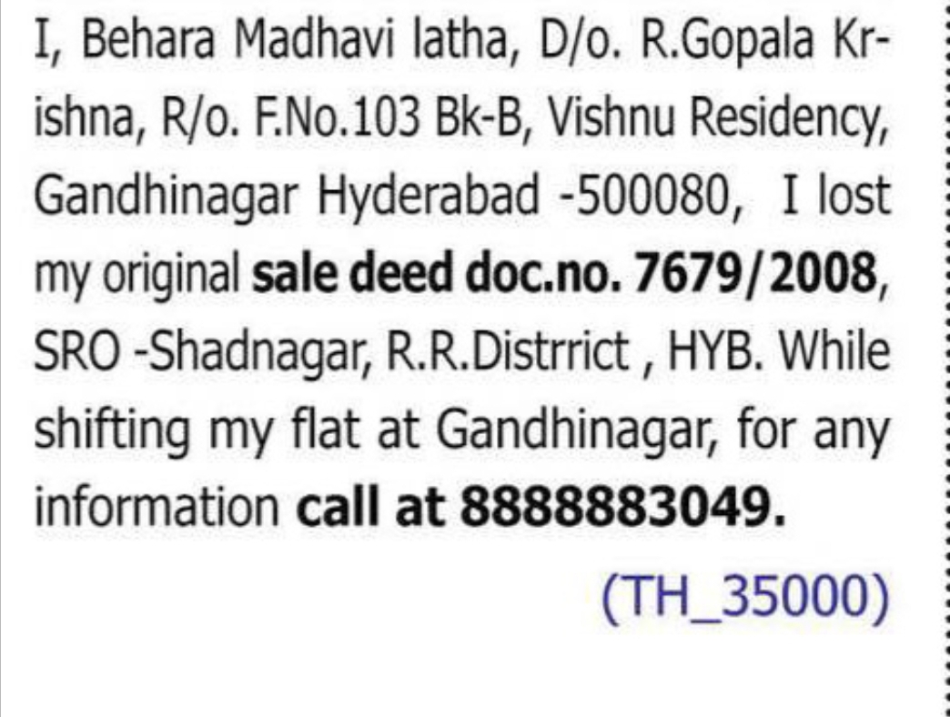 LOST ORIGINAL SALE DEED