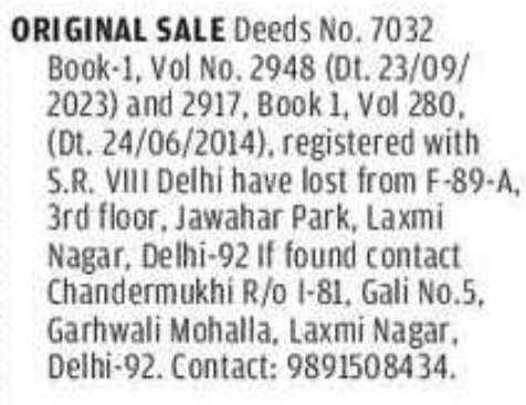Lost Original Sale Deeds Notice – Laxmi Nagar