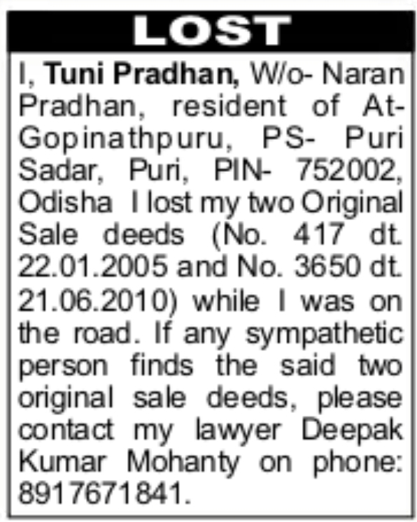 Lost Original Sale Deeds – Request to Return Tuni Pradhan