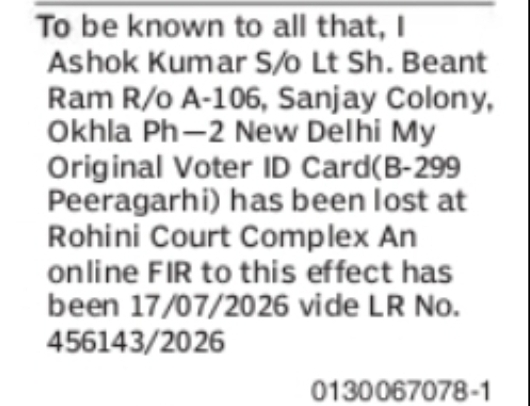 Lost Original Voter ID Card – Ashok Kumar