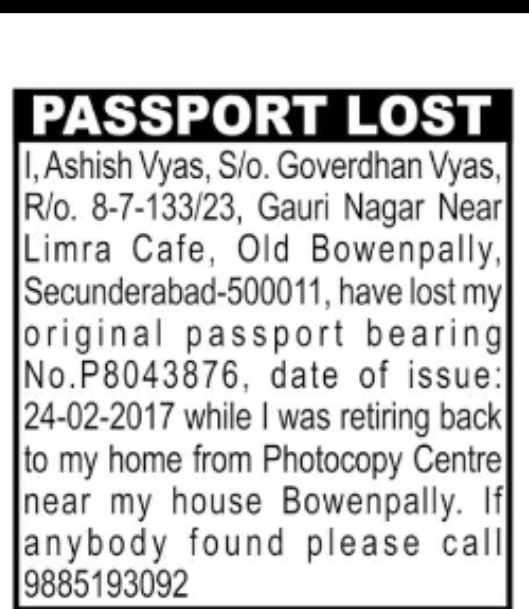 Lost Passport Ashish Vyas– Public Notice