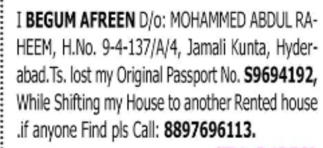 LOST PASSPORT NOTICE - BEGUM AFREEN