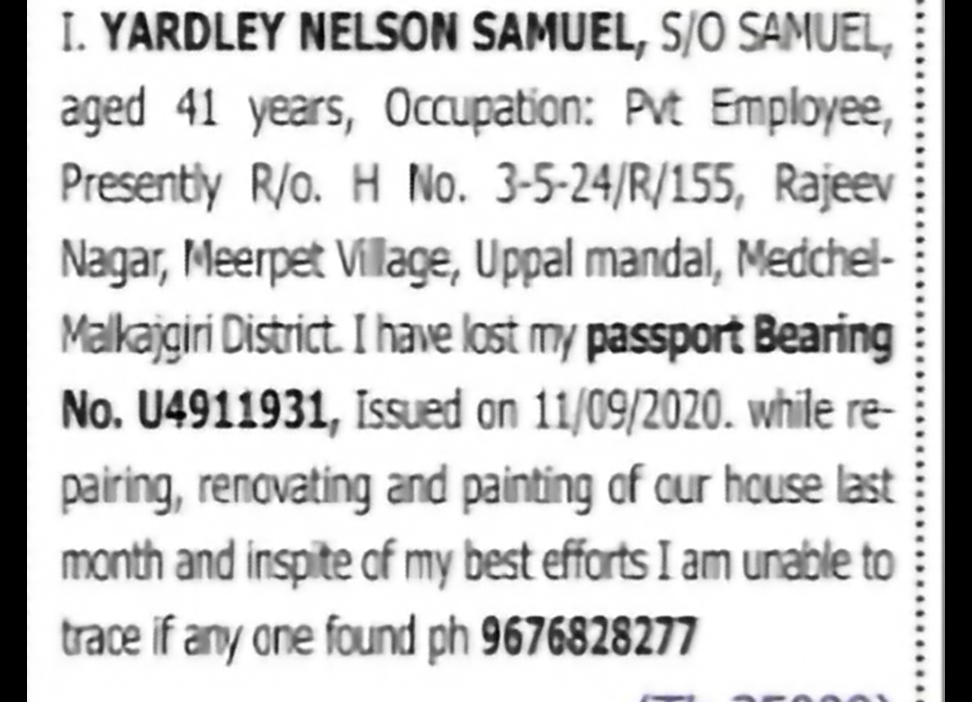 Lost Passport Notice – Bradley Nelson Samuel