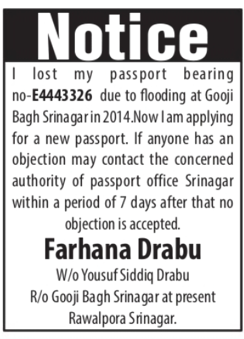 Lost Passport Notice – Farhana Drabu, Srinagar