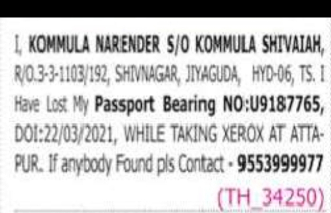 Lost Passport Notice – Hyderabad
