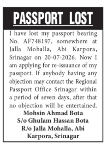 Lost Passport Notice – Mohsin Ahmad Bota