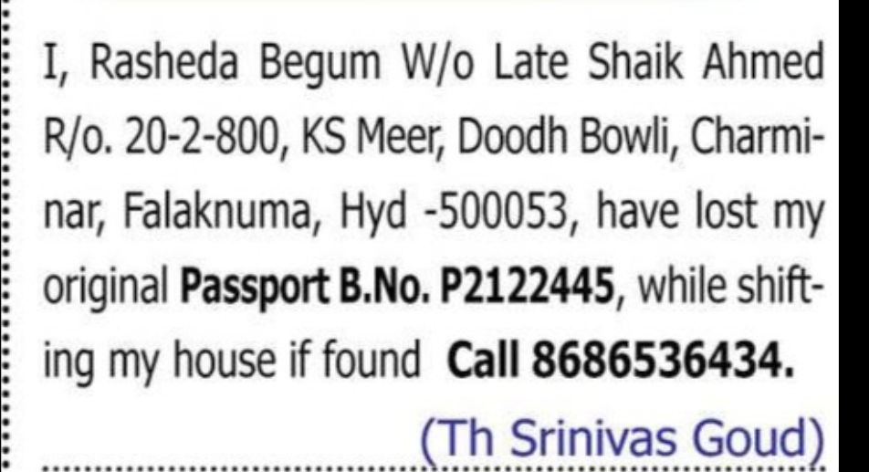 Lost Passport Notice: Rasheda Begum