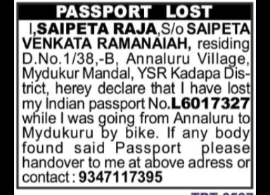 Lost Passport Notice – Saipeta Raja