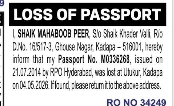 Lost Passport Notice – Shaik Mahaboob Peer