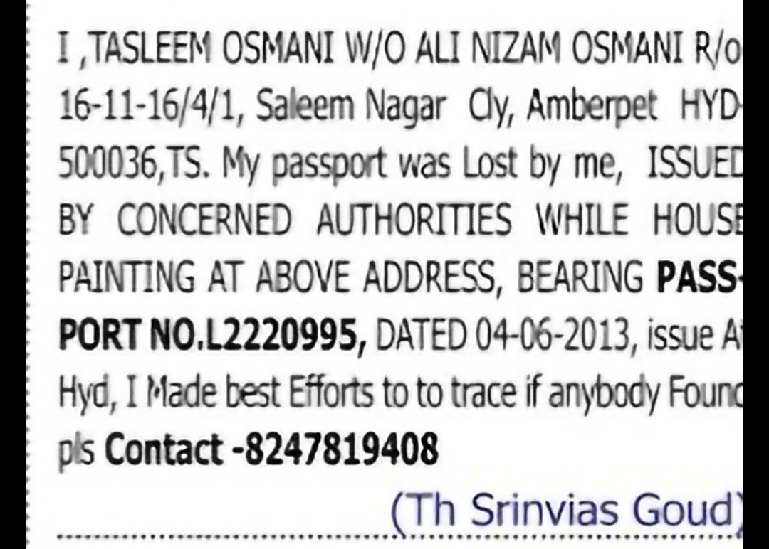 Lost Passport Notice – Tasleen Osmani
