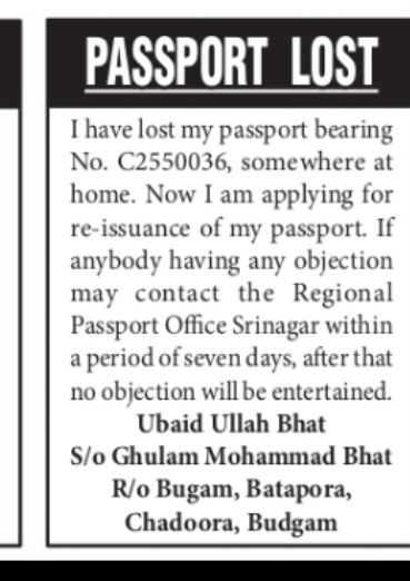 Lost Passport Notice – Ubaid Ullah Bhat