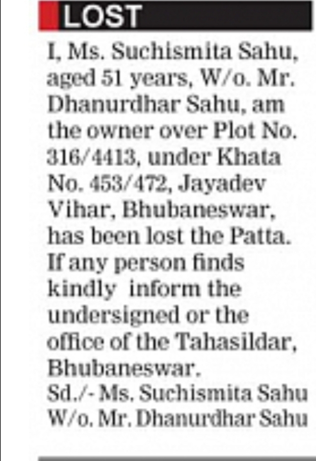 Lost Patta Document Notice – Suchismita Sahu