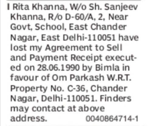 Lost Property Agreement and Payment Receipt – Chander Nagar