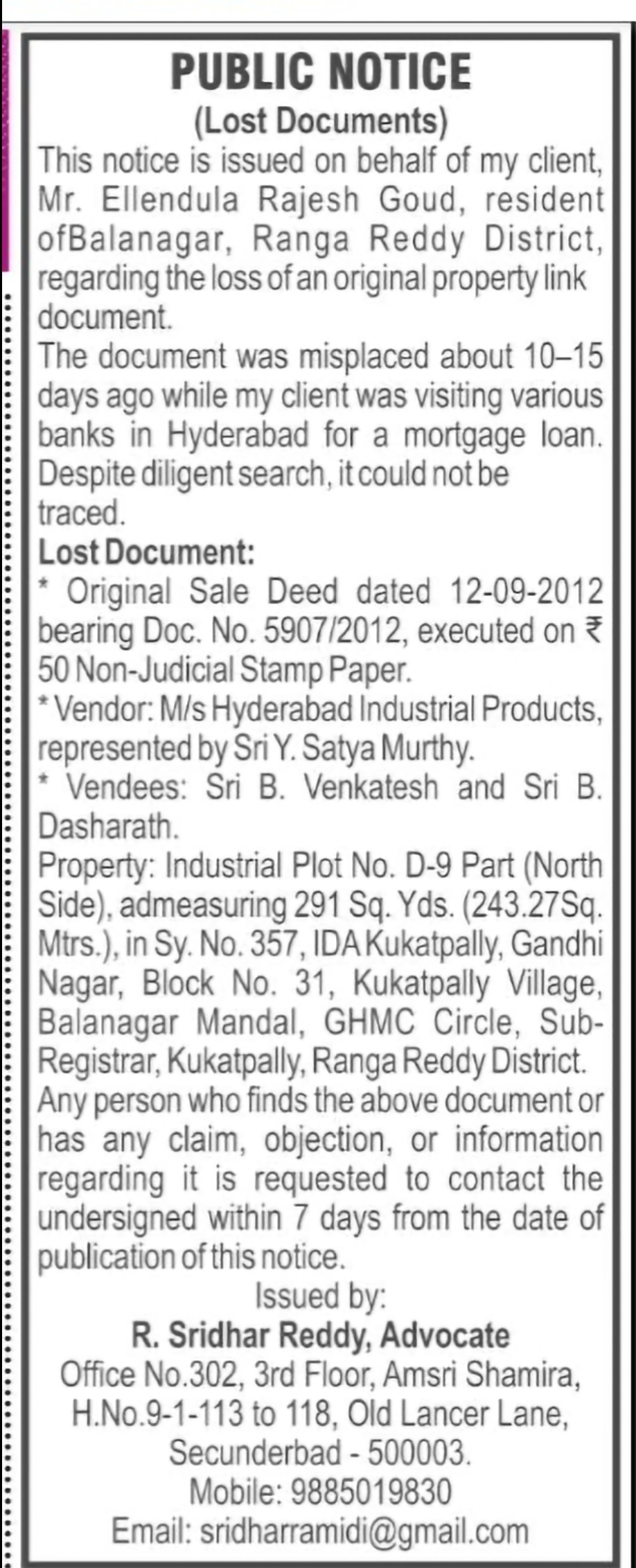Lost Property Document – Public Notice