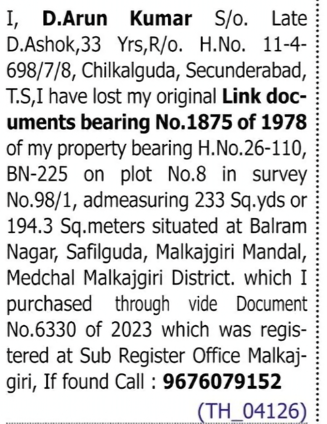 Lost Property Documents – Balram Nagar, Safilguda