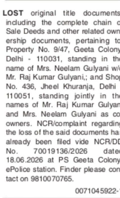 LOST PROPERTY DOCUMENTS – GEETA COLONY & JHEEL KHURANJA