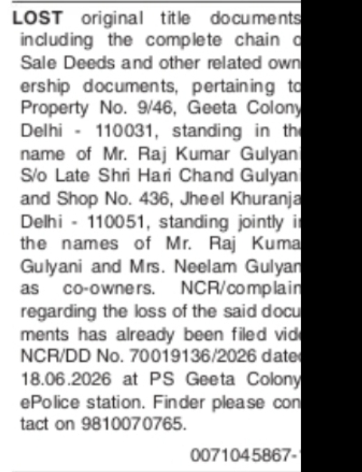 LOST PROPERTY DOCUMENTS – GEETA COLONY & JHEEL KHURANJA