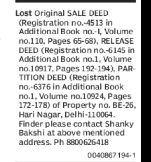 LOST PROPERTY DOCUMENTS – HARI NAGAR PROPERTY, DELHI