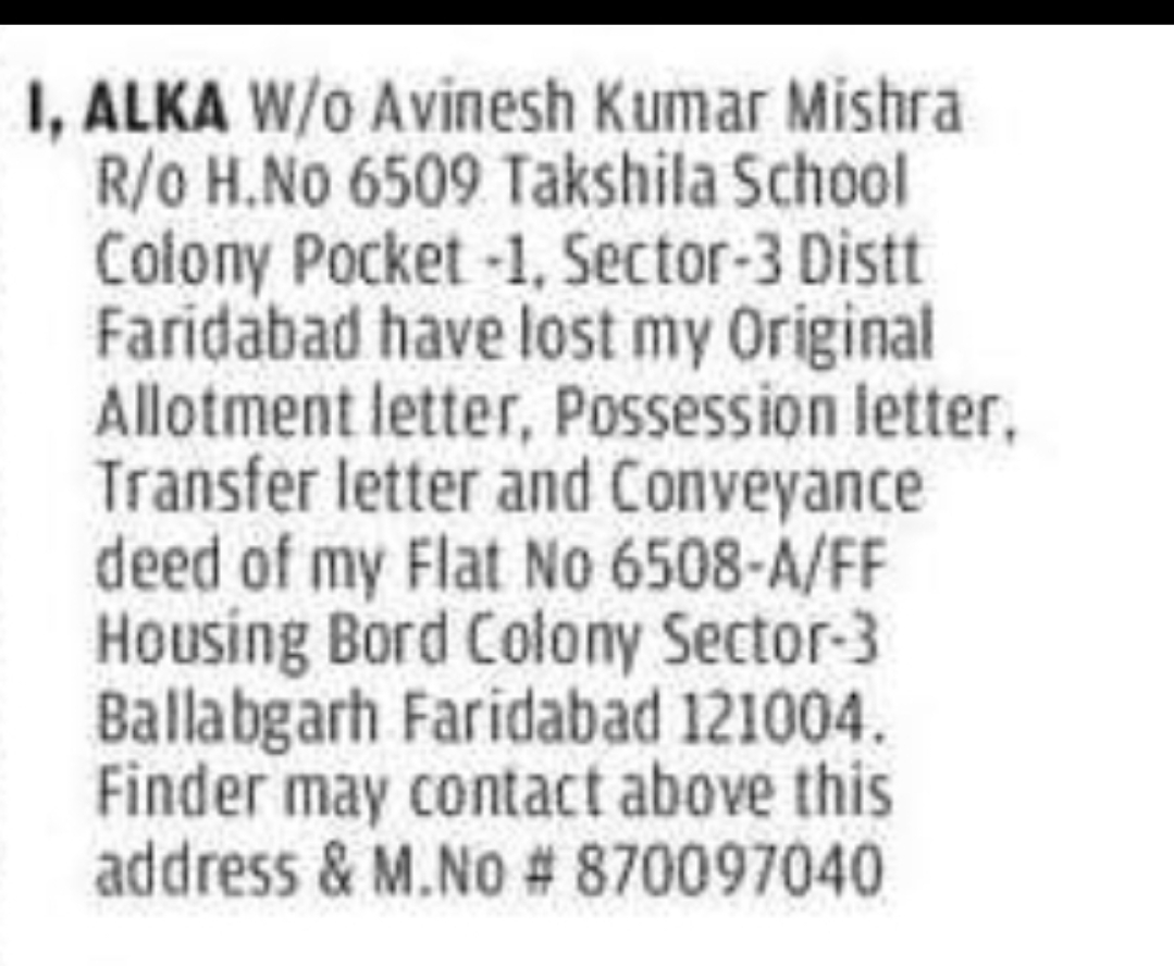 Lost Property Documents – Housing Board Flat, Ballabgarh, Faridabad