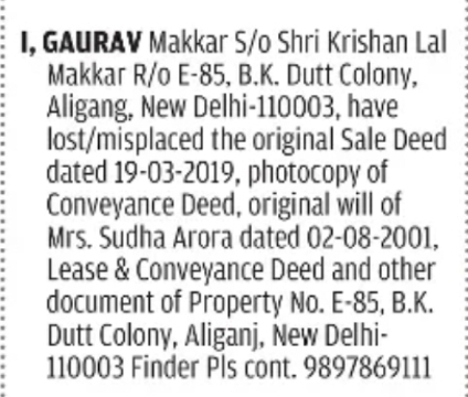 LOST PROPERTY DOCUMENTS NOTICE – GAURAV MAKKAR