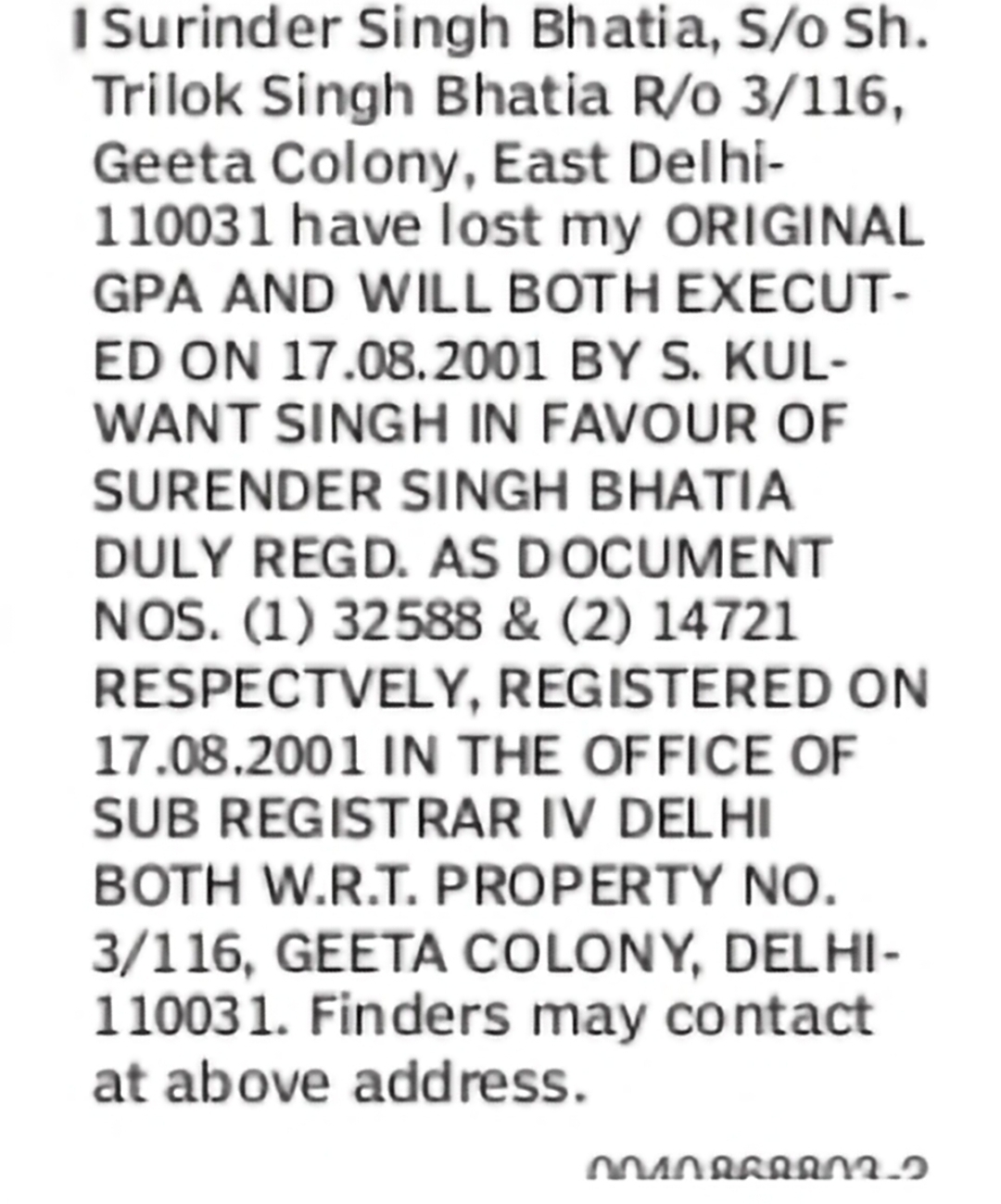 Lost Property Documents Notice – Geeta Colony, Delhi