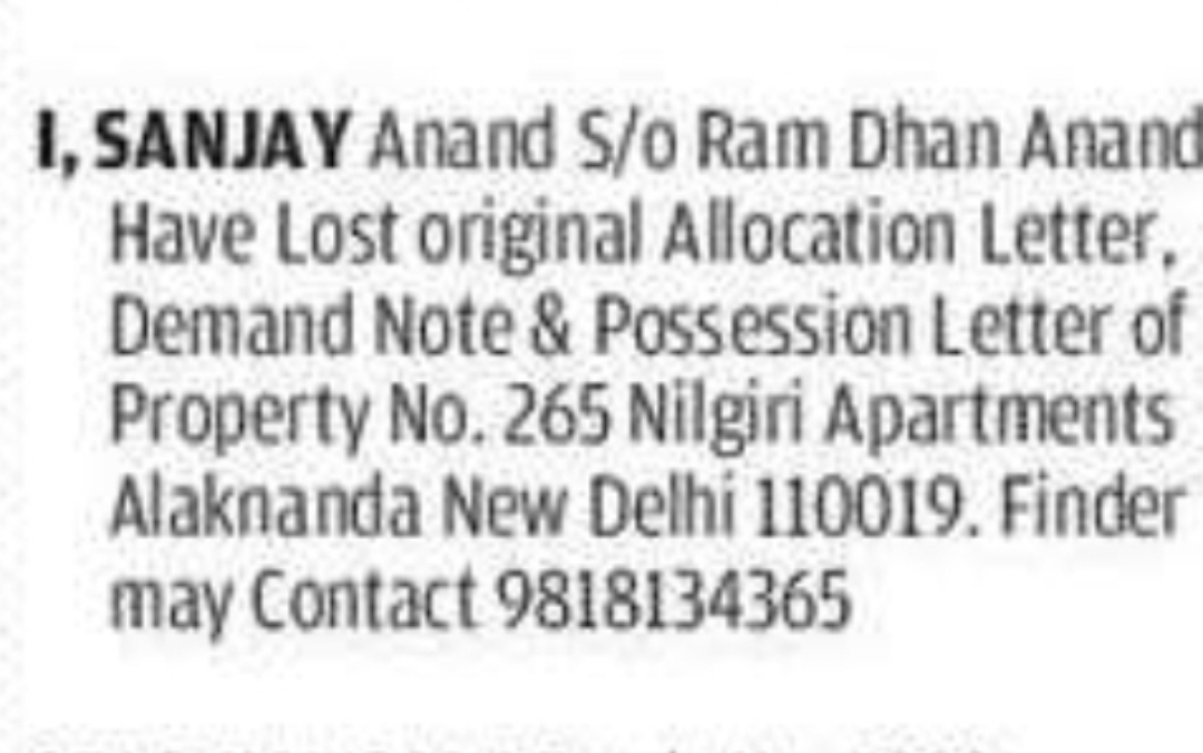 Lost Property Documents Notice – Nilgiri Apartments