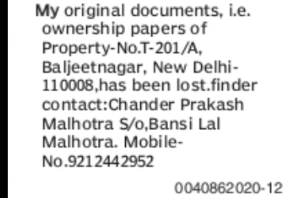 Lost Property Documents Notice – Ownership Papers