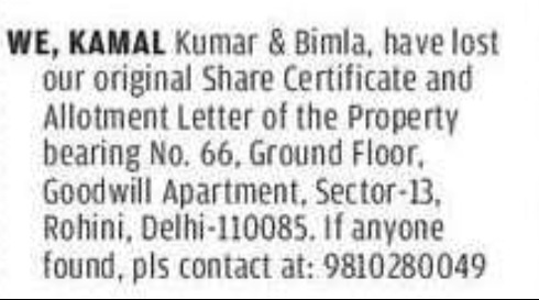 🏠 Lost Property Documents Notice – Rohini, Delhi