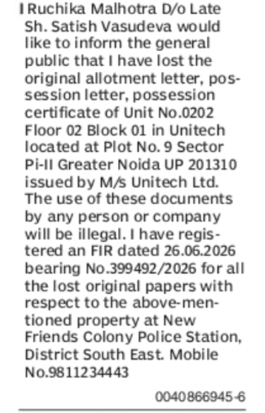 Lost Property Documents Notice – Unitech Unit No. 0202, Greater Noida