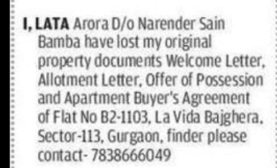 LOST PROPERTY DOCUMENTS NOTICE