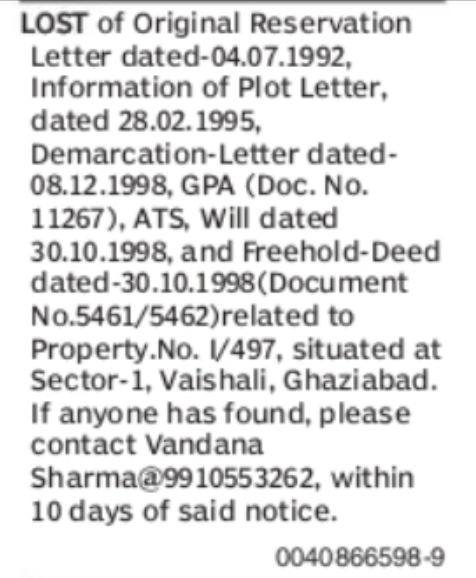 Lost Property Documents Notice