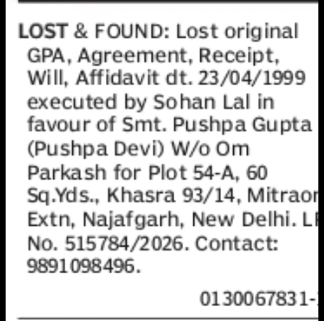 Lost Property Documents – Plot 54-A, Mitrao Extension