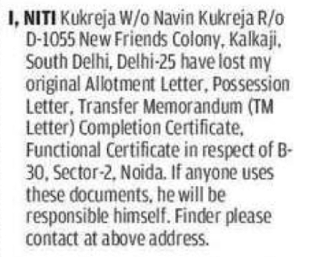 Lost Property Documents – Sector-2, Noida