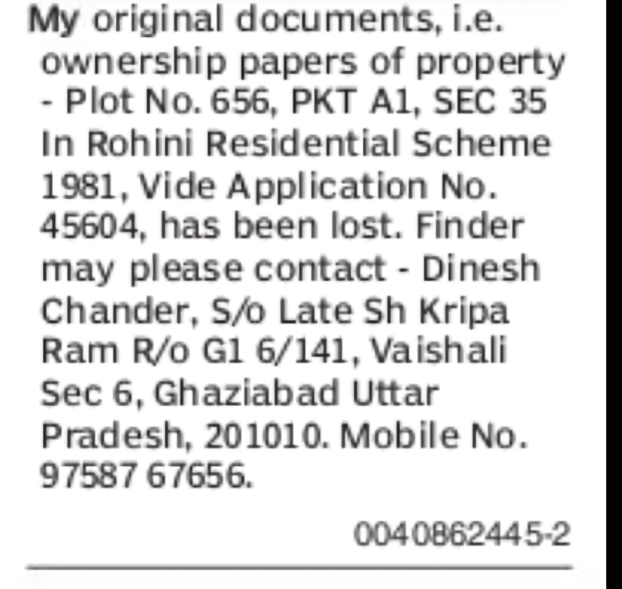Lost Property Ownership Documents – Plot No. 656, Rohini Residential Scheme