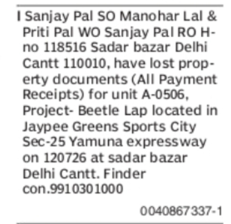 LOST PROPERTY PAYMENT RECEIPTS – BEETLE LAP, JAYPEE GREENS SPORTS CITY