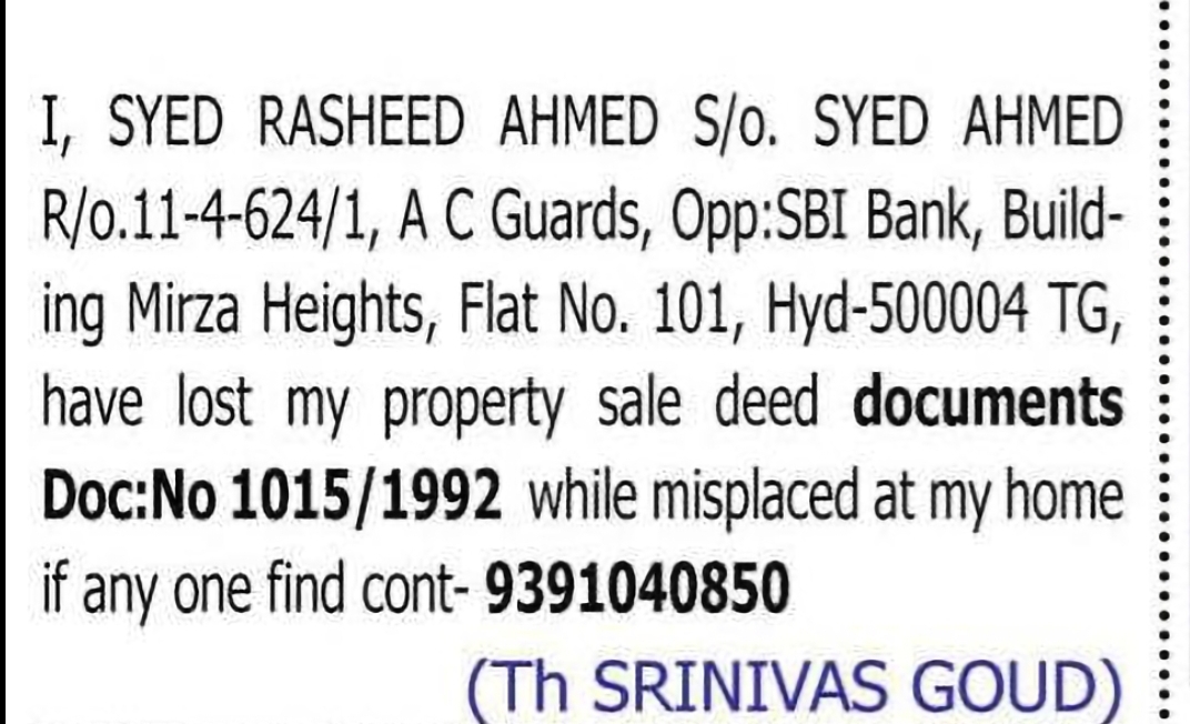 Lost Property Sale Deed – Document No. 1015/1992