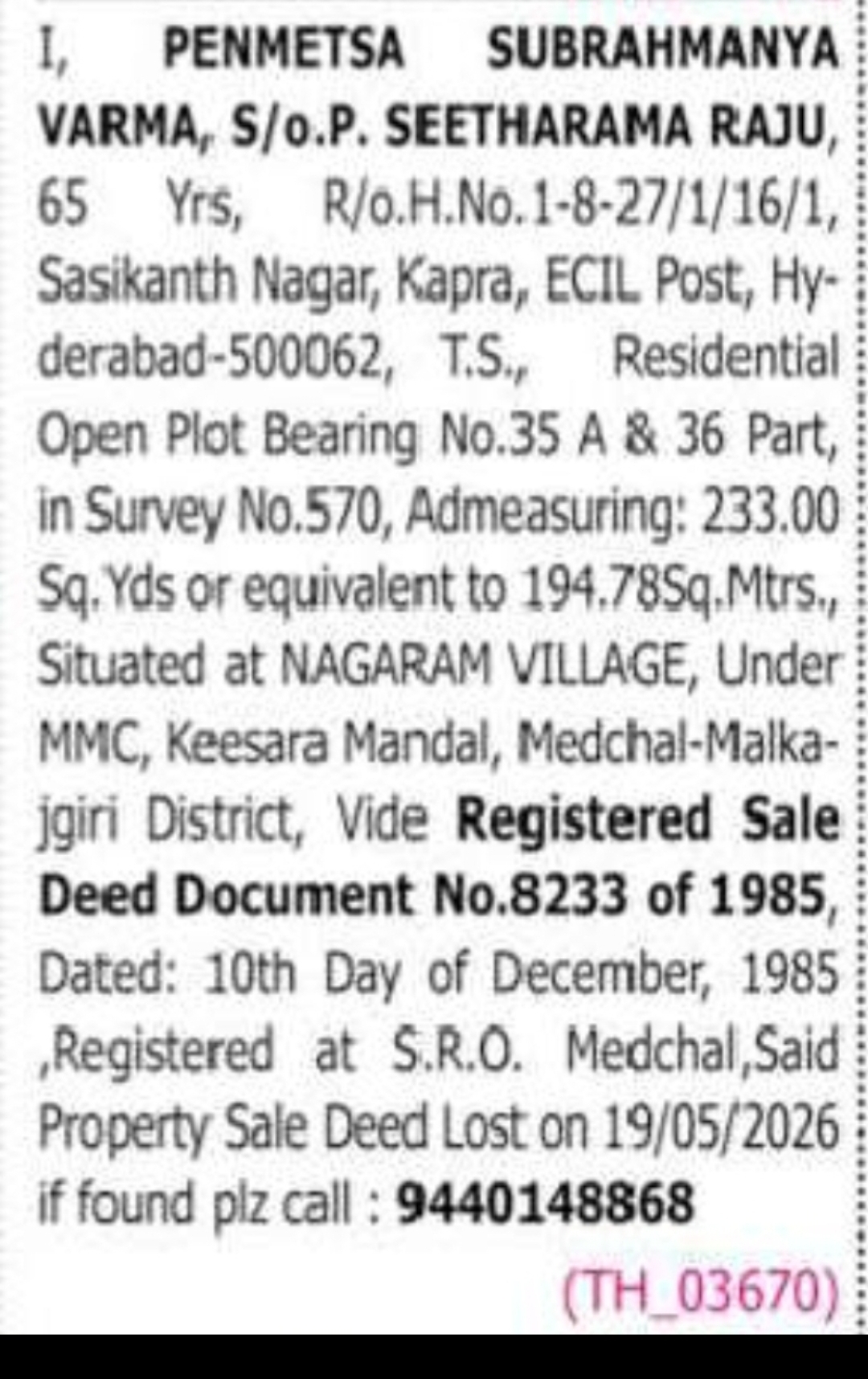 Lost Property Sale Deed Notice – Medchal-Malkajgiri